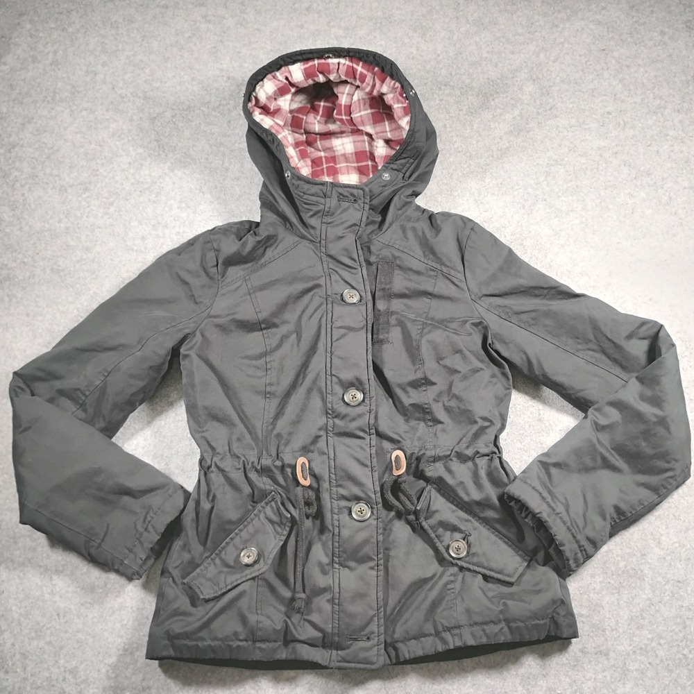 Hollister Utility Jacket Women Small Black Plaid Lined Hooded Full Zip Coat Y2K